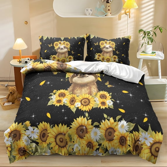 ZIATUBLES 3-Piece King Size Duvet Cover Set, Sloth Sunflower Printed Soft Breathable Bedding, Zipper Closure, Easy Care All-Season Bedroom Home Dorm Apartment Bed Linens