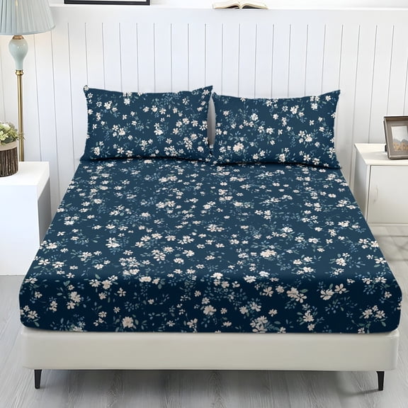ZIATUBLES 3-Piece Navy Blue King Size Bedding Set Soft Cooling Polyester with Ditsy Floral Print 1 Fitted Sheet and 2 Pillowcases Comfortable and Durable All-Season Sheets