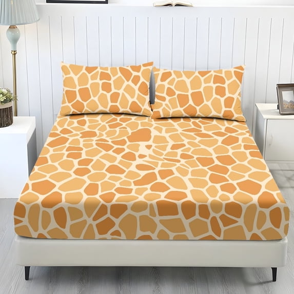 ZIATUBLES 3-Piece Queen Sheet Set, Orange Brown Giraffe Print Cooling Sheets, Soft Cozy 9.8" Standard Pocket Queen Sheets with Pillowcases, Easy-Care Bedding for All Seasons, Ideal for Comfy Sleep