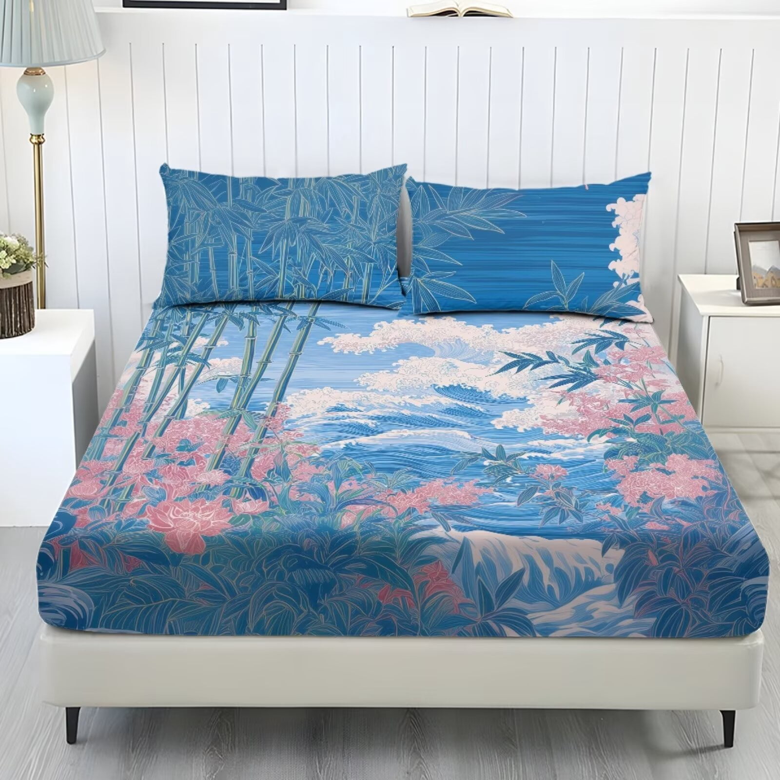 ZIATUBLES 3-Piece Queen Size Sheet Set, Soft Polyester Bedding-Cooling Cozy All-Season Sheets with 1 Fitted Sheet and 2 Pillowcases, Wave Floral Bamboo Print