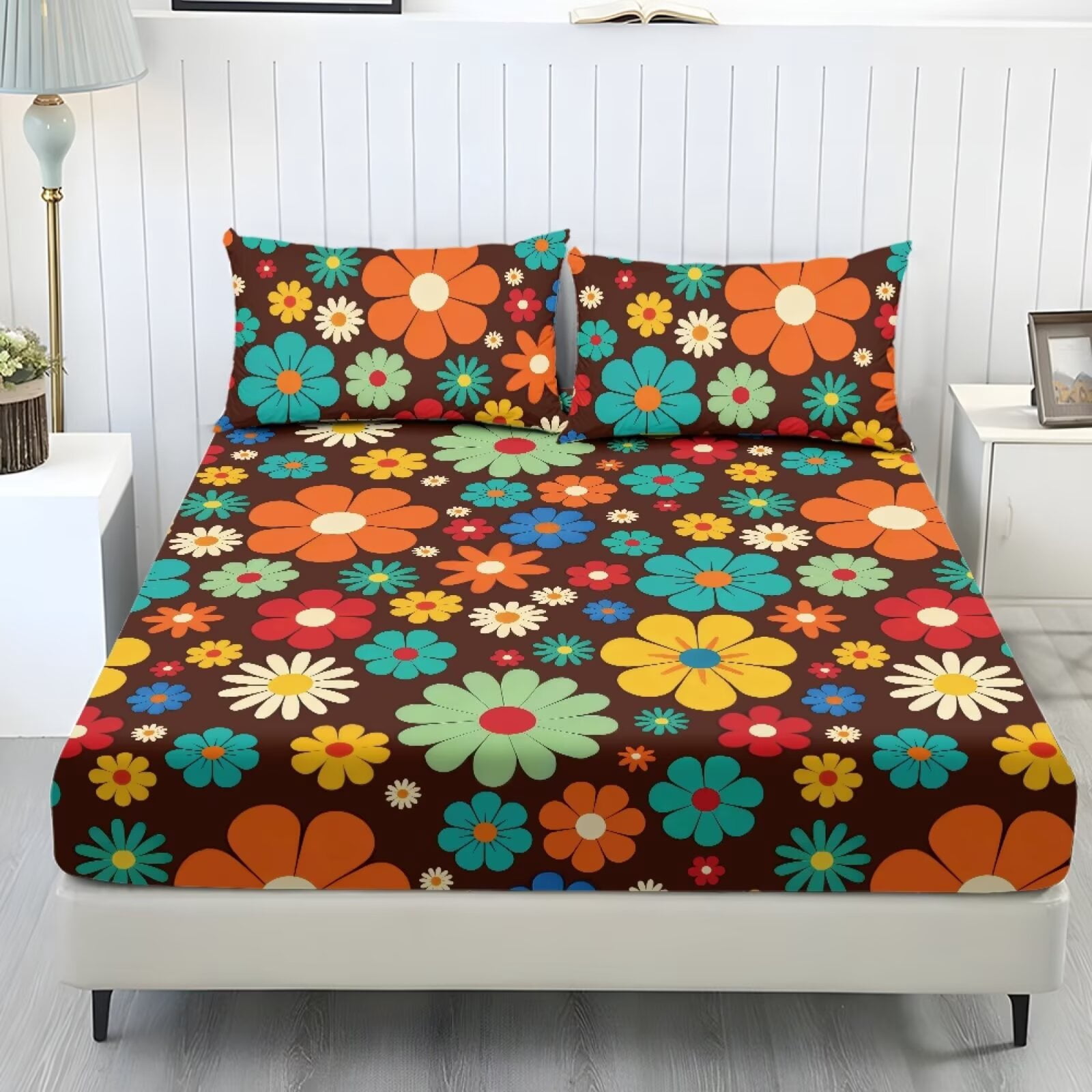ZIATUBLES 3-Piece Twin Sheet Set, Brown Hippie Daisy Floral Print Cooling Sheets, Soft Cozy 9.8" Standard Pocket Twin Sheets with Pillowcases, Easy-Care Bedding for All Seasons