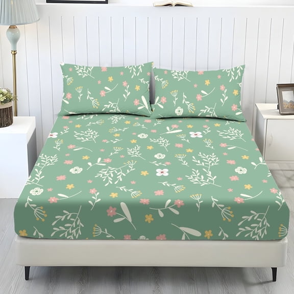 ZIATUBLES 3-Piece Twin Size Bedding Set Soft Cooling Polyester with Floral Green Print 1 Fitted Sheet and 2 Pillowcases Comfortable and Durable All-Season Sheets