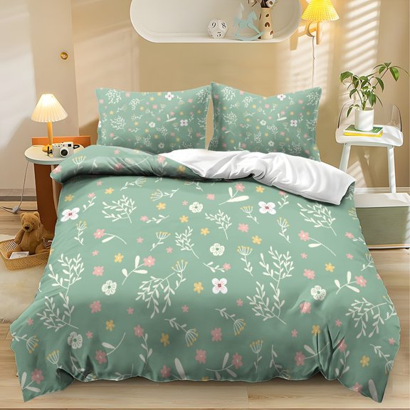 ZIATUBLES 3-Piece Twin Size Duvet Cover Set, Sage Green Sprig Printed Modern Bedding, Breathable Lightweight All-Season Duvet Cover with 2 Pillowcases, Easy Care Dorm Apartment Bed Linens