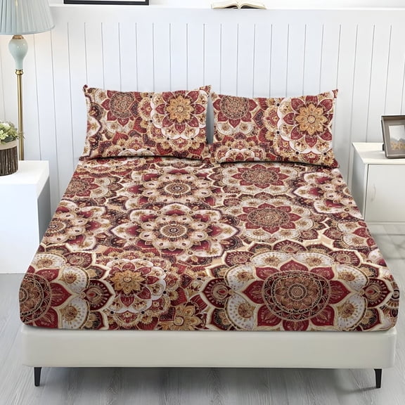 ZIATUBLES 3-Piece Twin Size Sheet Set Soft Cooling Polyester Bedding with 1 Fitted Sheet and 2 Pillowcases, Breathable All-Season Comfort Decor for Bedroom, Boho Mandala Floral Print