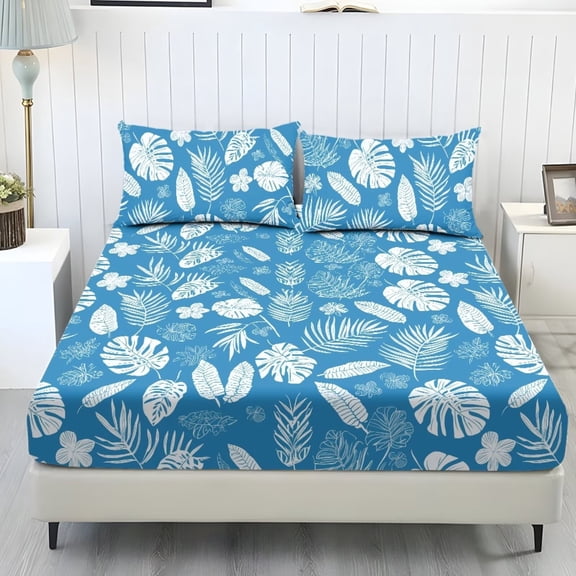 ZIATUBLES 3-Piece Twin Size Sheet Set, Soft Cooling Polyester Bedding-Breathable and Comfortable for All-Season Use, 1 Fitted Sheet and 2 Pillowcases, Blue White Tropical Leaf Print