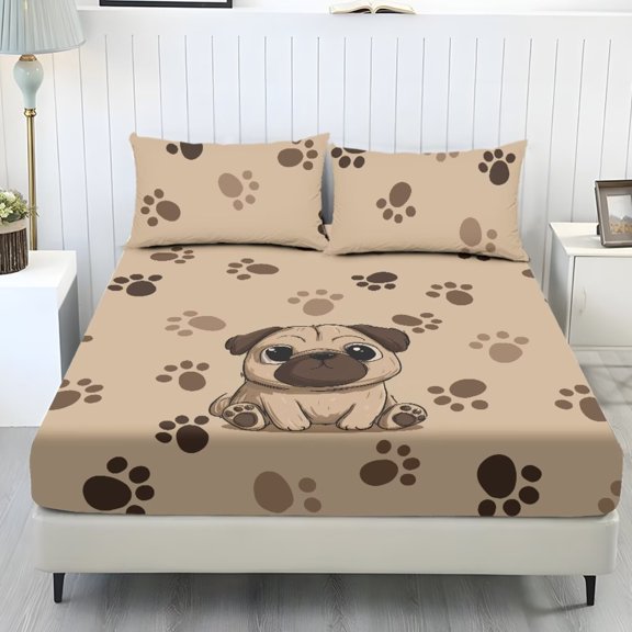 ZIATUBLES 3-Piece Twin Size Sheet Set, Soft Cooling Polyester Bedding-Breathable and Comfortable for All-Season Use, 1 Fitted Sheet and 2 Pillowcases, Pug Dog Paw Print