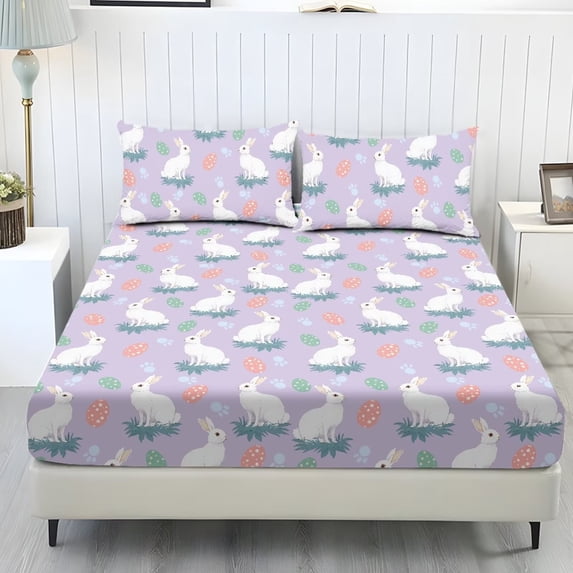 ZIATUBLES 3-Piece Twin Size Sheet Set, Soft Cooling Polyester Bedding-Breathable and Comfortable for All-Season Use, 1 Fitted Sheet and 2 Pillowcases, Rabbit Easter Egg Paw Print