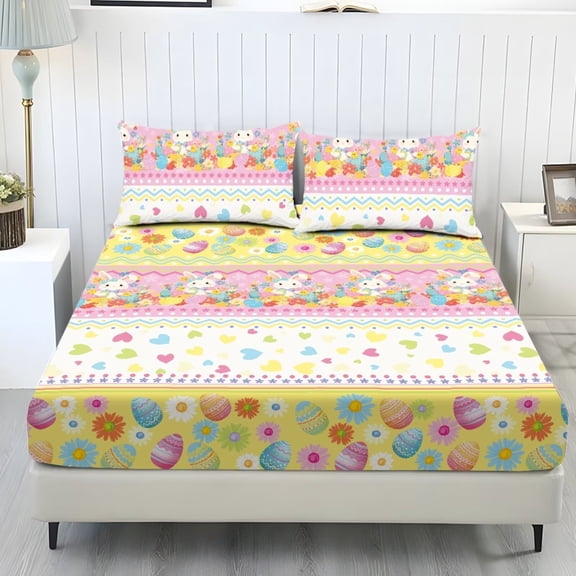 ZIATUBLES 3-Piece Twin Size Sheet Set Soft Cooling Polyester with Easter Bunny Egg Floral Striped Print 1 Fitted Sheet and 2 Pillowcases Breathable and Comfortable for All-Seasond Use