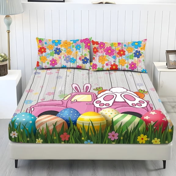 ZIATUBLES 3-Piece Twin XL Size Sheet Set Soft Cooling Polyester Bedding with Easter Bunny Truck Egg Floral Print 1 Fitted Sheet and 2 Pillowcases Breathable All-Season Comfort for Bedroom