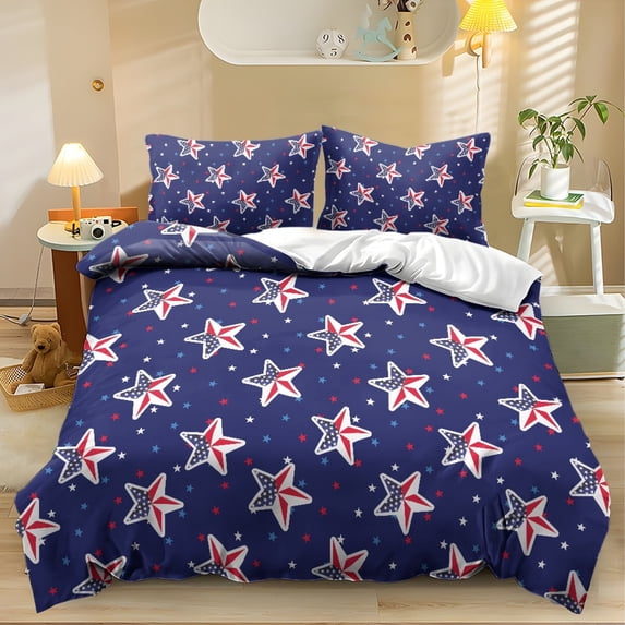 ZIATUBLES 3 Pieces King Size Duvet Cover Set, Patriotic Star Print, Soft Polyester All-Season Bedding, 1 Duvet Cover and 2 Pillowcases, Comfy Bed Lines for Home, Dorms