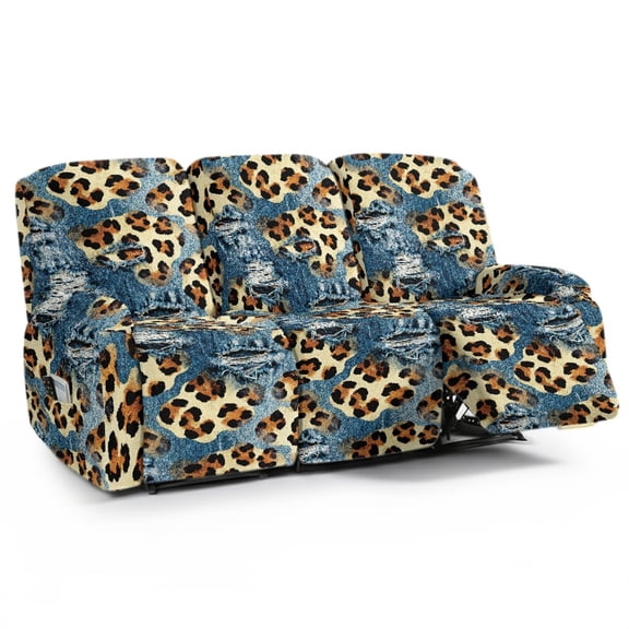 ZIATUBLES 3 Seater Recliner Sofa Covers Set of 8, Reclining Couch Slipcovers Stretch Recliner Covers with Storage Pocket, Soft Fitted Furniture Protector Slipcovers, Denim Leopard Print
