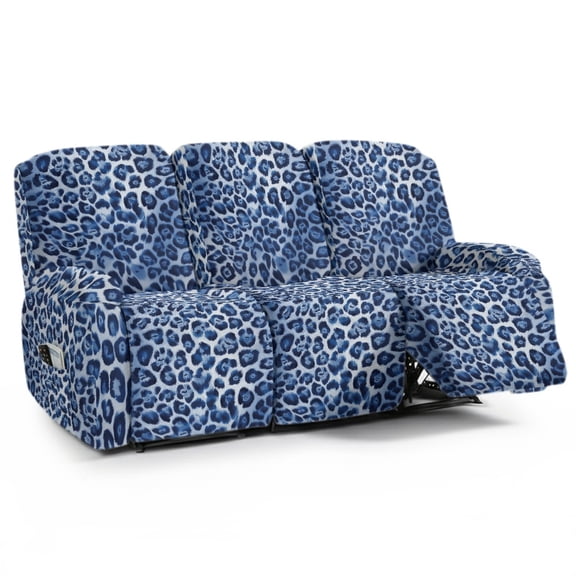 ZIATUBLES 3 Seater Recliner Sofa Covers Set of 8, Reclining Couch Slipcovers Stretch Recliner Covers with Storage Pocket, Soft Fitted Furniture Protector Slipcovers, Blue Leopard Print