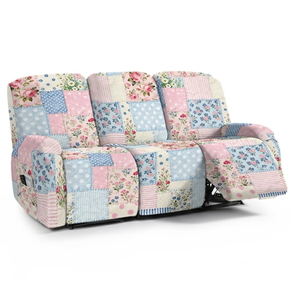 ZIATUBLES 3 Seater Recliner Sofa Covers, Stretch Reclining Couch Cover Set of 8, Recliner Chair Slipcovers Soft Washable Furniture Protector Slipcovers for Pet, Vintage Patchwork Floral Printed
