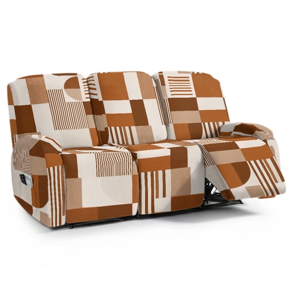 ZIATUBLES 3 Seater Recliner Sofa Covers, Stretch Reclining Couch Cover Set of 8, Recliner Chair Slipcovers Soft Washable Furniture Protector Slipcovers for Pet, Brown Geometry Printed