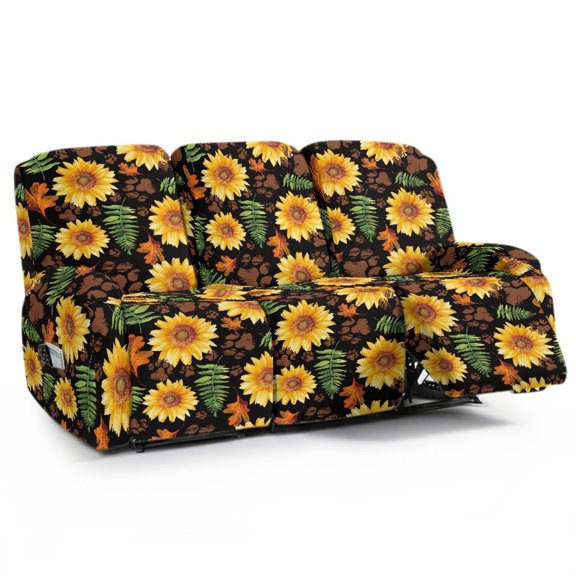 ZIATUBLES 3 Seater Recliner Sofa Covers, Stretch Reclining Couch Cover Set of 8, Recliner Chair Slipcovers Soft Washable Furniture Protector Slipcovers for Pet, Sunflower Leaf Printed