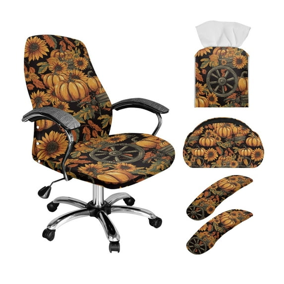 ZIATUBLES 5 Piece Office Chair Cover Set Includes Stretchable High Back Cover with Armrest Protectors, Remote Control Holder and Tissue Box Organizer, Pumpkin Sunflower, S