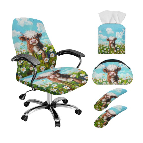 ZIATUBLES 5-in-1 Office Chair Cover Pack Includes Stretch Chair Protector Armrest Covers, Remote Control Holder and Tissue Box Cover Home Office Decor Accessories, Highland Cow Daisy Print, L