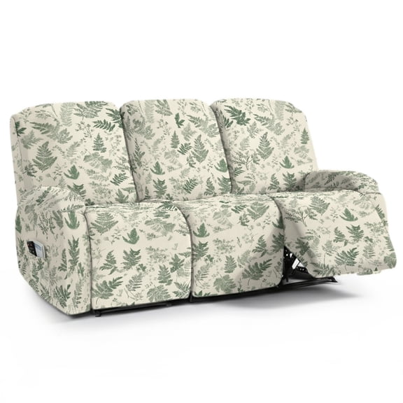 ZIATUBLES 8 Piece Recliner Chair Cover, Soft Stretch Reclining Sofa Slipcovers for 3-Seater Couch with Pockets Soft Furniture Protector for Living Room, Soft Pale Green Fern Leaf Printed