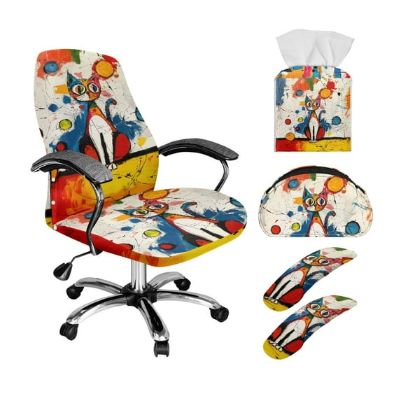 ZIATUBLES Abstract Cat Print 5 Piece Office Chair Protector Set Includes Elastic Chair Cover Armrest Slipcovers, PU Leather Remote Control Holder and Square Tissue Box Cover, S