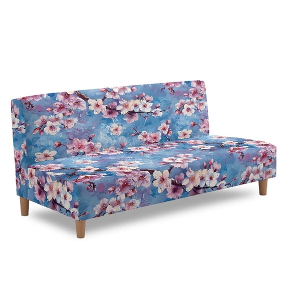 ZIATUBLES Armless Sofa Futon Slipcover, Dustproof Couch Cover Elastic Polyester Spandex Furniture Protector Machine Washable Sofa Bed Cover, Cherry Blossom Print