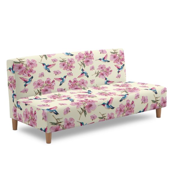 ZIATUBLES Armless Sofa Slipcover Polyester Spandex Stretch Futon Cover, Dustproof Elastic Couch Cover Furniture Protector Machine Washable for Home, Dorm, Living, Hummingbird Flower Print