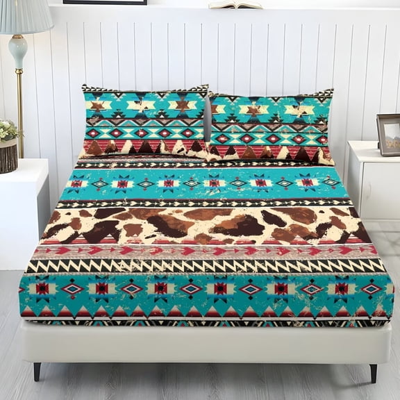 ZIATUBLES Aztec Cow Printed King Sheet Set, Soft Cozy Bed Sheet with Pillowcase, Chic Bedding Decor Set, Easy Care for All Seasons, Ideal for Comfy Sleep