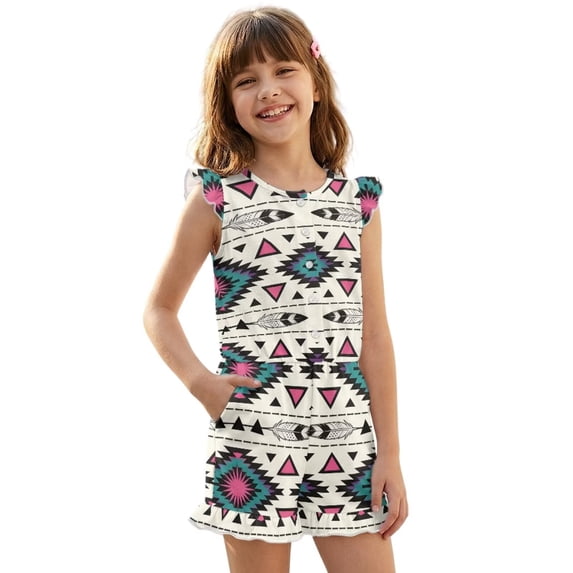 ZIATUBLES Aztec Feather Print Girls Summer Romper Ruffle Cap Sleeves One-Piece Short Jumpsuit Soft Comfort Kids Casual Playsuit with Pockets for 5-6 Y