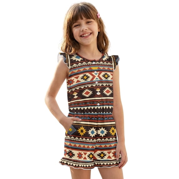 ZIATUBLES Aztec Geometric Print Girls Summer Romper Ruffle Cap Sleeves One-Piece Short Jumpsuit Soft Comfort Kids Casual Playsuit with Pockets for 5-6 Y