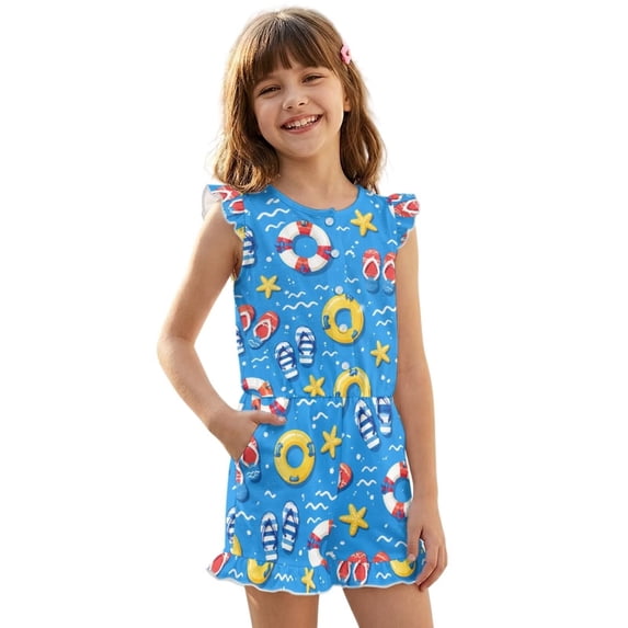 ZIATUBLES Beach Vacation Print Girls Playsuit Kids Summer Casual Romper Button Ruffle Trim Elastic High Waist Round Neck Jumpsuit Shorts Clothes with Pockets for 9-10 Y