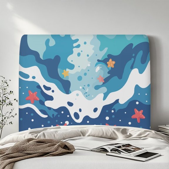 ZIATUBLES Bed Headboard Slipcover, Elastic Fabric Dust Resistant Decorative Bed Head Protector Cover Suitable for Twin Size, Home Bedroom Headboard Decoration Cover, Sea Wave Starfish Print