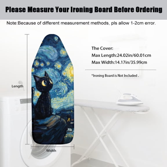 ZIATUBLES Black Cat Starry Night Mini Ironing Board Cover for Tabletop Boards, 14 x 24 Inch Non-Slip Polyester Cover with Elastic Hem and Hook and Loop Fastener, Easy to Clean