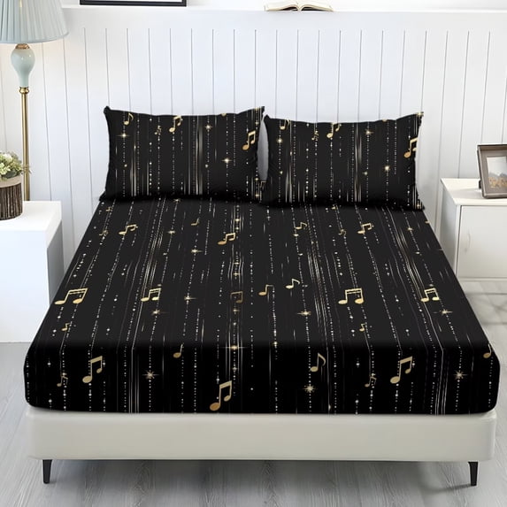 ZIATUBLES Black Music Notes Printed Bedding Sheets Twin Size, Soft Cooling Polyester Bed Sets, 3-Piece Sets with 1 Elasticed Fitted Sheet and 2 Pillowcases, Chic Home RV Decor Accessories