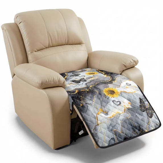 ZIATUBLES Black Yellow Marble Sunflower Butterfly Print Recliner Chair Slipcover, Anti-Slip Washable Furniture Protector for Reclining Couch Seat Cushion, Pet Friendly Living Room Decor Accessory