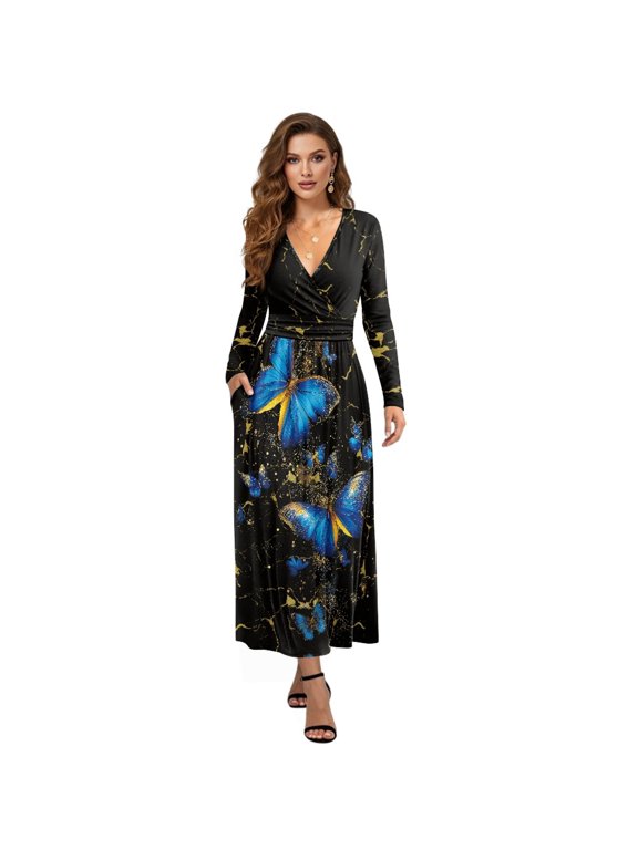 Blue Butterfly Print Long Sleeve Maxi Dress for Women V-Neck Soft Casual Dress Flowy A-Line Dresses with Side Pockets for Party Wedding, XL