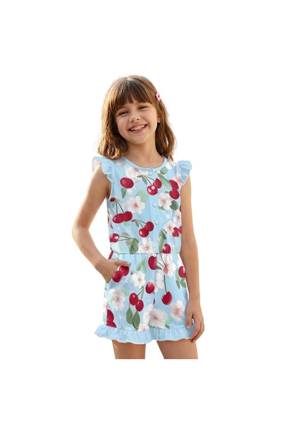 Blue Cherry Flower Print Girls Jumpsuit Summer Casual Romper Flutter Sleeves One-Piece Playsuit Elastic High Waist Kids Outfit with Pockets for 11-12 Y