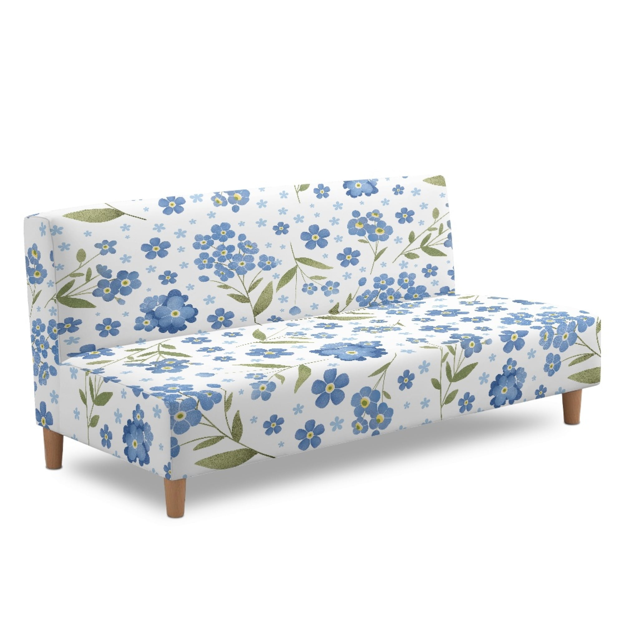 ZIATUBLES Blue Flower Stretch Armless Sofa Cover, Futon Slipcover with Elastic Bottom Machine Washable Couch Cover Foldable Furniture Protector for Home Living Room