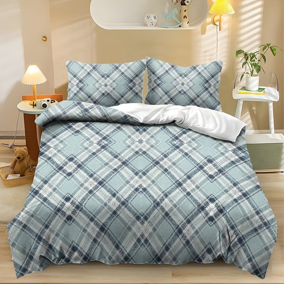 ZIATUBLES Blue Plaid Print Twin Size Duvet Cover Set, 3 Pieces Soft Cozy Bedding, 1 Duvet Cover & 2 Pillowcases, Easy Care Lightweight Bedding for All Season, Chic Modern Decor
