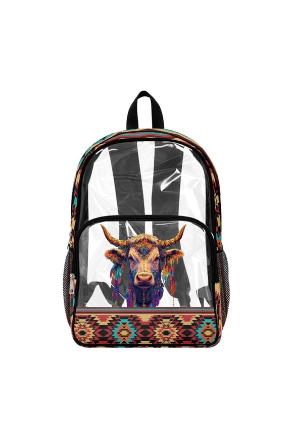 Bohemian Aztec Bull Print Clear Backpack Heavy Duty, Fabric & PVC Transparent Backpack with Front Pockets & Side Mesh, See Through Bookbag for School College Security