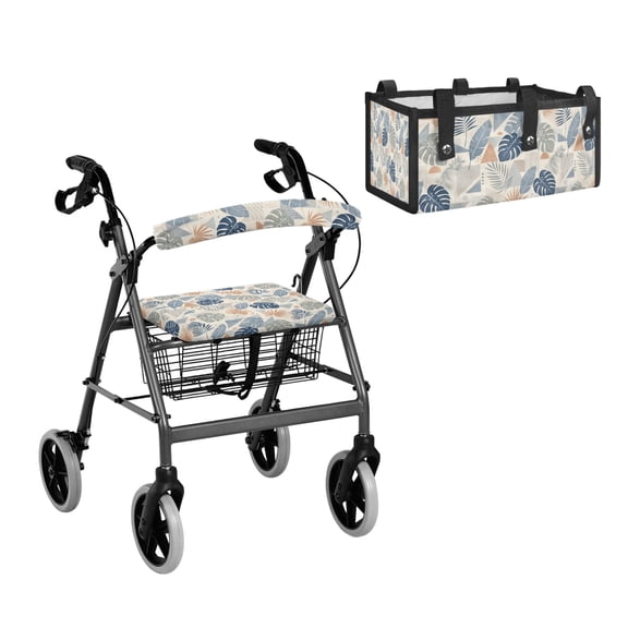 ZIATUBLES Boho Tropical Leaves Print 3-Pieces Rollator Accessory Set, Soft Walker Seat and Backrest Cover with Under-Seat Storage Bag, Universal Replacement Rolling Walker Accessories for Elderly