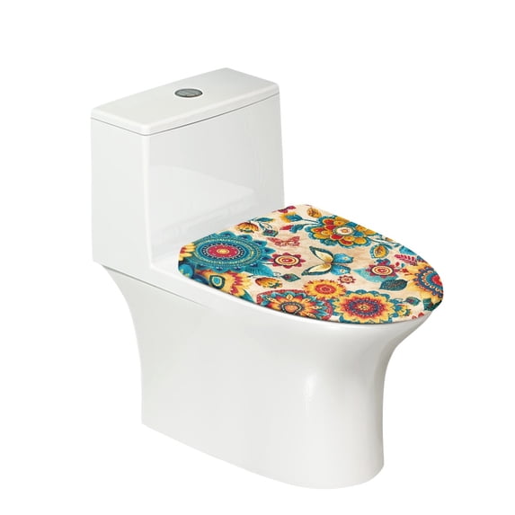 ZIATUBLES Butterfly Mandala Print Washable Stretch Fabric Toilet Bowl Lid Cover with Elastic Edges Fits Round Oval Elongated Lids Bathroom Decor Accessories