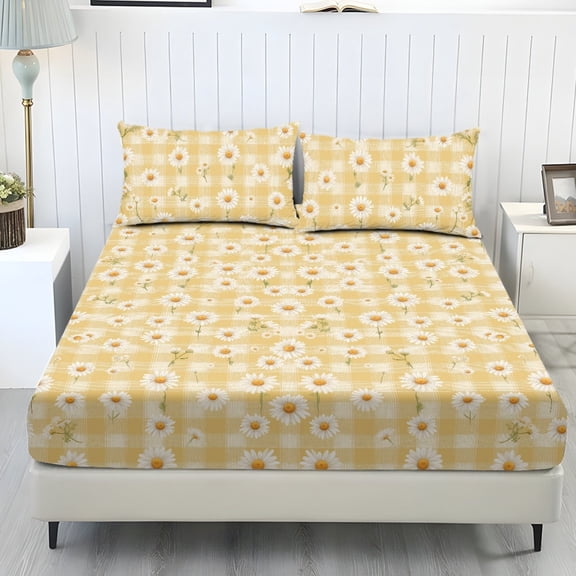 ZIATUBLES Butterfly Rose Printed Full Sheet Set, Soft Cozy Bed Sheet with Pillowcase, Chic Bedding Decor Set, Easy Care for All Seasons, Ideal for Comfy Sleep(Daisy Yellow Plaid)