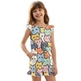 thumbnail image 1 of ZIATUBLES Cartoon Cat Print Girls Summer Playsuit Button Front One-Piece Short Jumpsuit Ruffle Trim Big Kids Casual Romper with Pockets for 13-14 Y, 1 of 6