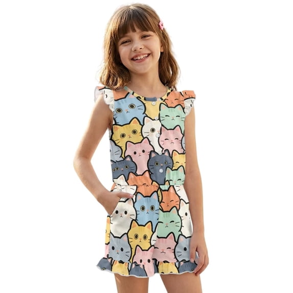 ZIATUBLES Cartoon Cat Print Girls Summer Playsuit Button Front One-Piece Short Jumpsuit Ruffle Trim Big Kids Casual Romper with Pockets for 13-14 Y