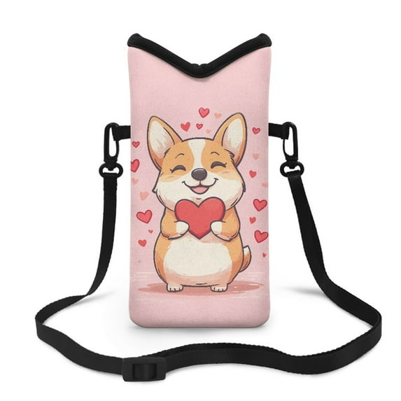 ZIATUBLES Cellphone Crossbody Case Bag Water Resist Neoprene Phone Pouch Portable Stylish Sleeve Case with Adjustable Strap Phone Bag , Hook and Loop Fastener, 4 X 8 Inch, Cartoon Corgi Heart Pink