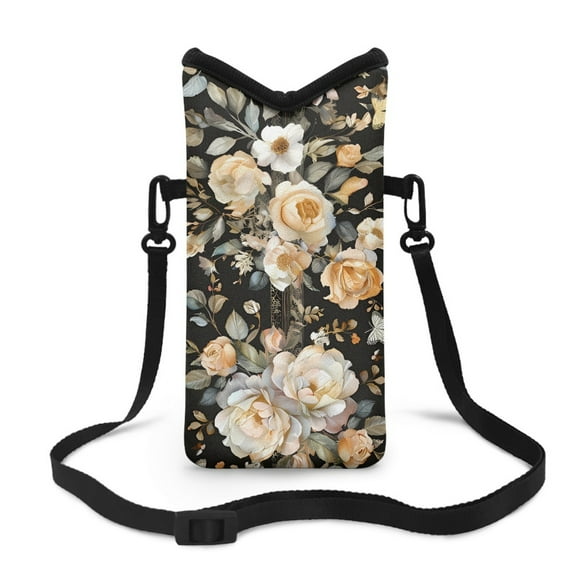 ZIATUBLES Cellphone Sleeve Portable Shockproof Phone Pouch Case Bag Neoprene Crossbody Phone Bag with Detachable Carrying Strap, 4 X 8 Inch, Peony Leaf Black