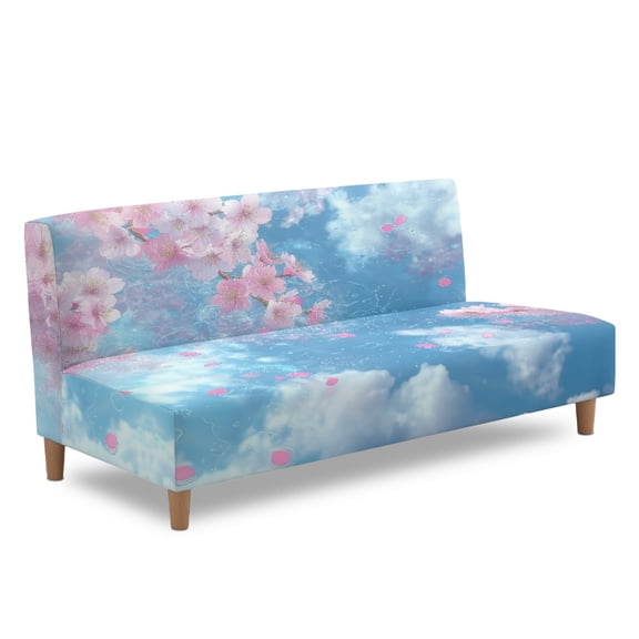 ZIATUBLES Cherry Flower Sky Armless Sofa Cover, Stretch Futon Slipcover with Elastic Bottom Dustproof Couch Cover Machine Washable Furniture Protector for Living Room Bedroom