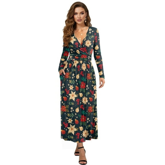 FKELYI Christmas Flower Print Womens Long Sleeve Fall Dress V Neck Maxi Casual Dress with Pockets Soft A-Line Flowy Tiered Waist Dresses for Ladies, M