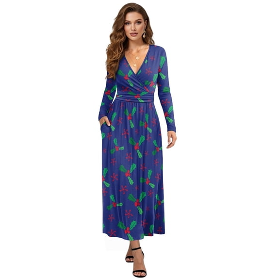 FKELYI Christmas Holly Fruit Print Womens Long Sleeve Maxi Dress Soft V-neck Casual Dress with Pocket Fall Flowy Dresses for Spring Winter, L
