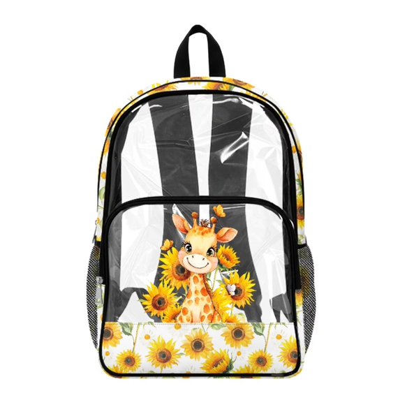 ZIATUBLES Clear Backpack 17 Inch, Heavy Duty Fabric & PVC Sports Transparent Bookbag for Boys Girls, Giraffe Sunflower Butterfly Print See Through Backpack for School, Work & Security