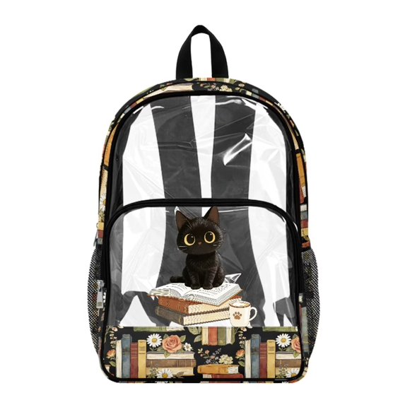 ZIATUBLES Clear Backpack 17 Inch, Heavy Duty Fabric & PVC Transparent Bookbag for Boys Girls, Cat Book Floral Print See Through Backpack for School and Security